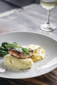 Close-up of food in plate on table