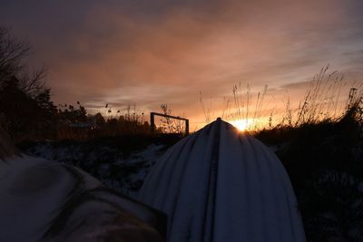 Snow covered trees against sky during sunset