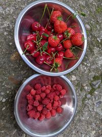 High angle view of strawberries in bowl