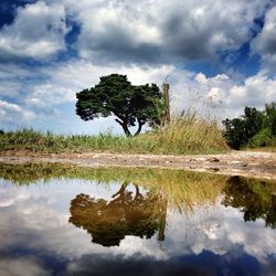 Scenic view of lake against cloudy sky