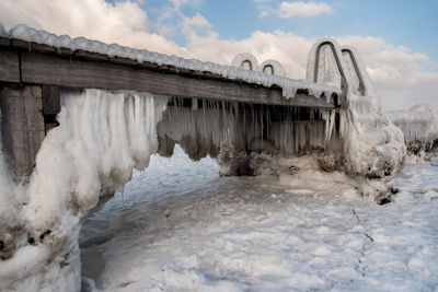 Panoramic shot of icicles against sky during winter