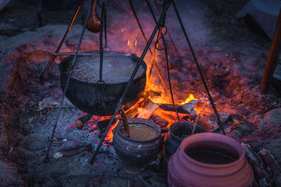 High angle view of fire on barbecue grill