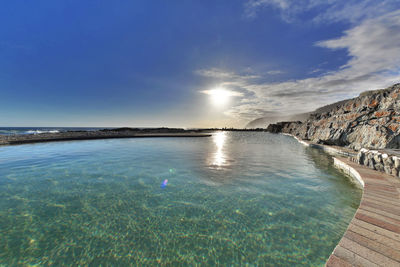 Scenic view of sea against blue sky