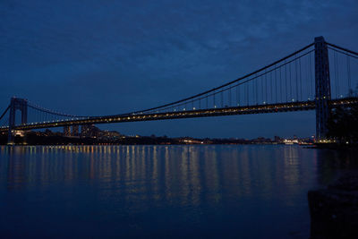 View of suspension bridge in city at dusk