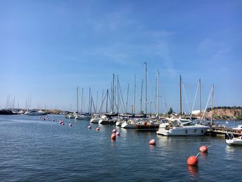 Sailboats moored in harbor against blue sky