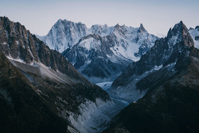 Scenic view of snowcapped mountains against clear sky