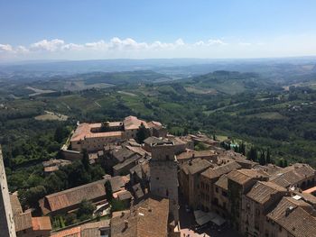 High angle view of houses against sky