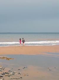 Rear view of siblings on shore at beach against clear sky