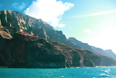 Scenic view of sea by mountain against sky