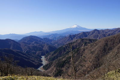 Scenic view of mountains against clear blue sky