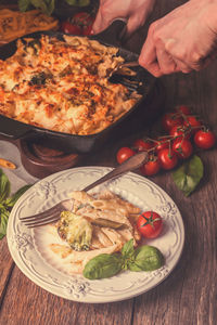 High angle view of food in plate on table