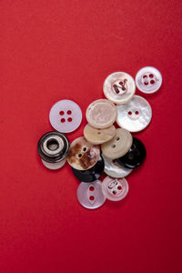 High angle view of various buttons