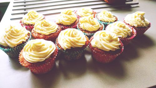 High angle view of cupcakes on table