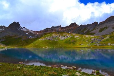 Scenic view of lake and mountains against sky