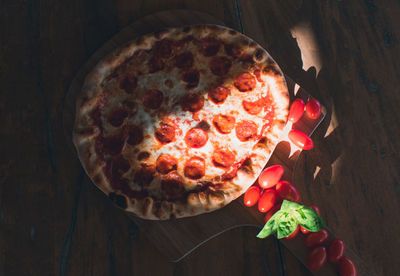 High angle view of pizza on table