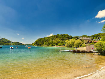 Scenic view of bay against sky