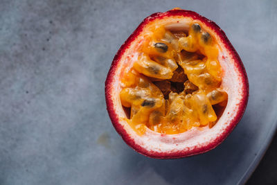 High angle view of fruit in plate on table