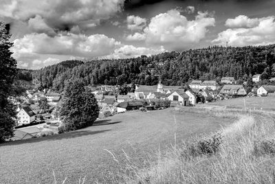 Panoramic view in black and white of a village in upper franconia