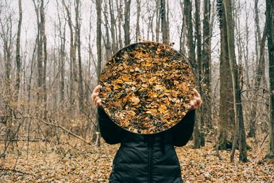 Woman holding mirror while standing in forest