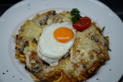 High angle view of breakfast served in plate