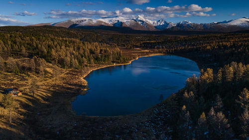 Scenic view of lake and mountains against sky