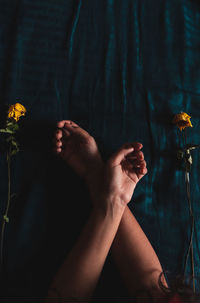 Low section of woman hand holding red flower