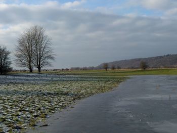 Bare trees on field against cloudy sky