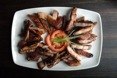 High angle view of food in plate on table