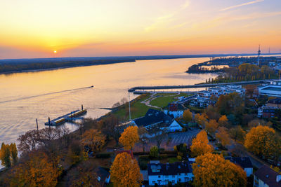 High angle view of sea against sky during sunset