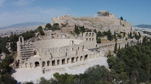 High angle of town with abandoned amphitheater in foreground