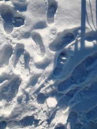 High angle view of footprints on sand at beach