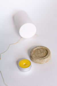 Illuminated light with organic soap on table