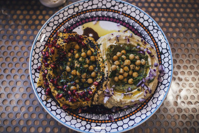 Directly above shot hummus served in plate