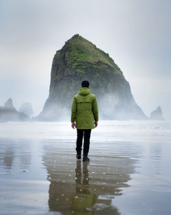 Rear view of man walking at beach during winter