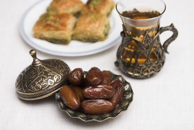 High angle view of breakfast on table