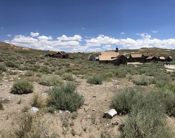 Scenic view of field by buildings against sky