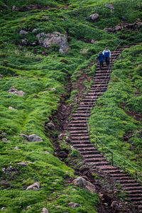 Low angle view of woman walking on steps