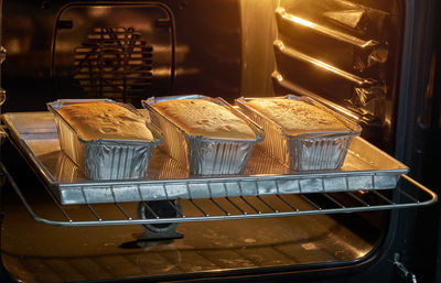 High angle view of food baking in oven