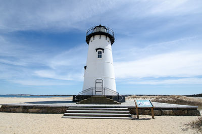 Lighthouse by sea against sky