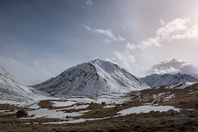 Scenic view of snowcapped mountains against cloudy sky