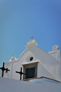 Low angle view of building against clear blue sky