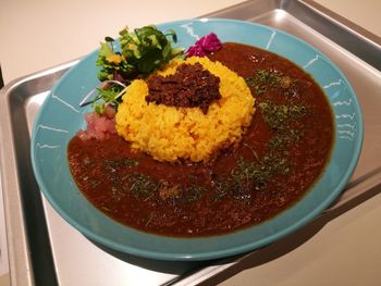 High angle view of food in plate