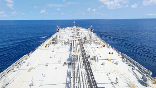 High angle view of ship sailing at sea