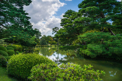 Scenic view of lake by trees against sky