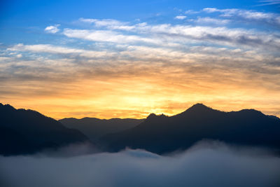 Scenic view of silhouette mountains against sky during sunset