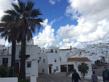 Palm trees and buildings against cloudy sky