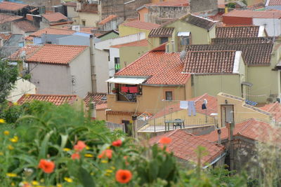 High angle view of buildings in town