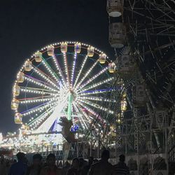 Low angle view of illuminated ferris wheel against sky at night