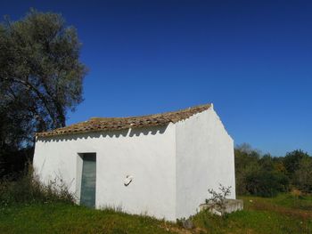 Low angle view of built structure against clear blue sky