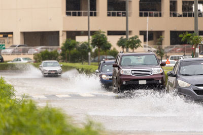 Cars on road against buildings in city